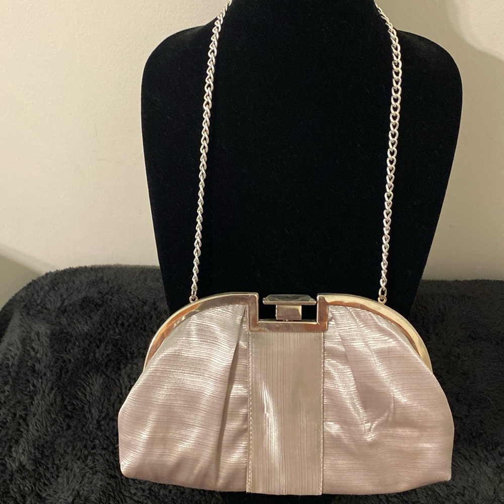 Jessica McClintock Metallic Champagne Colored Clutch Silver Tone Hardware